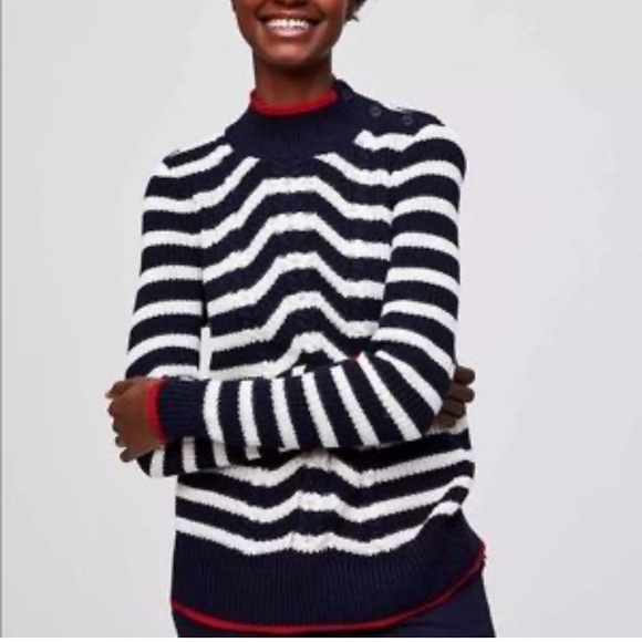 LOFT Navy Blue, White, Red Striped Nautical Chunky Sweater - Picture 5 of 8